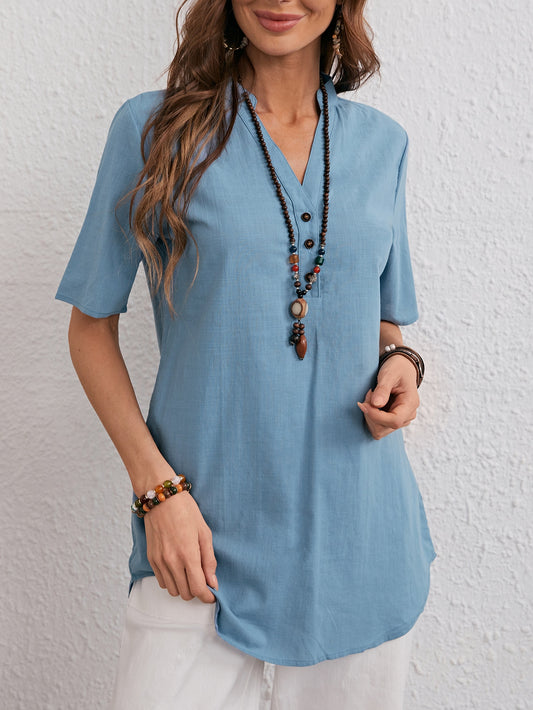 Notched Neck Solid Long Blouse