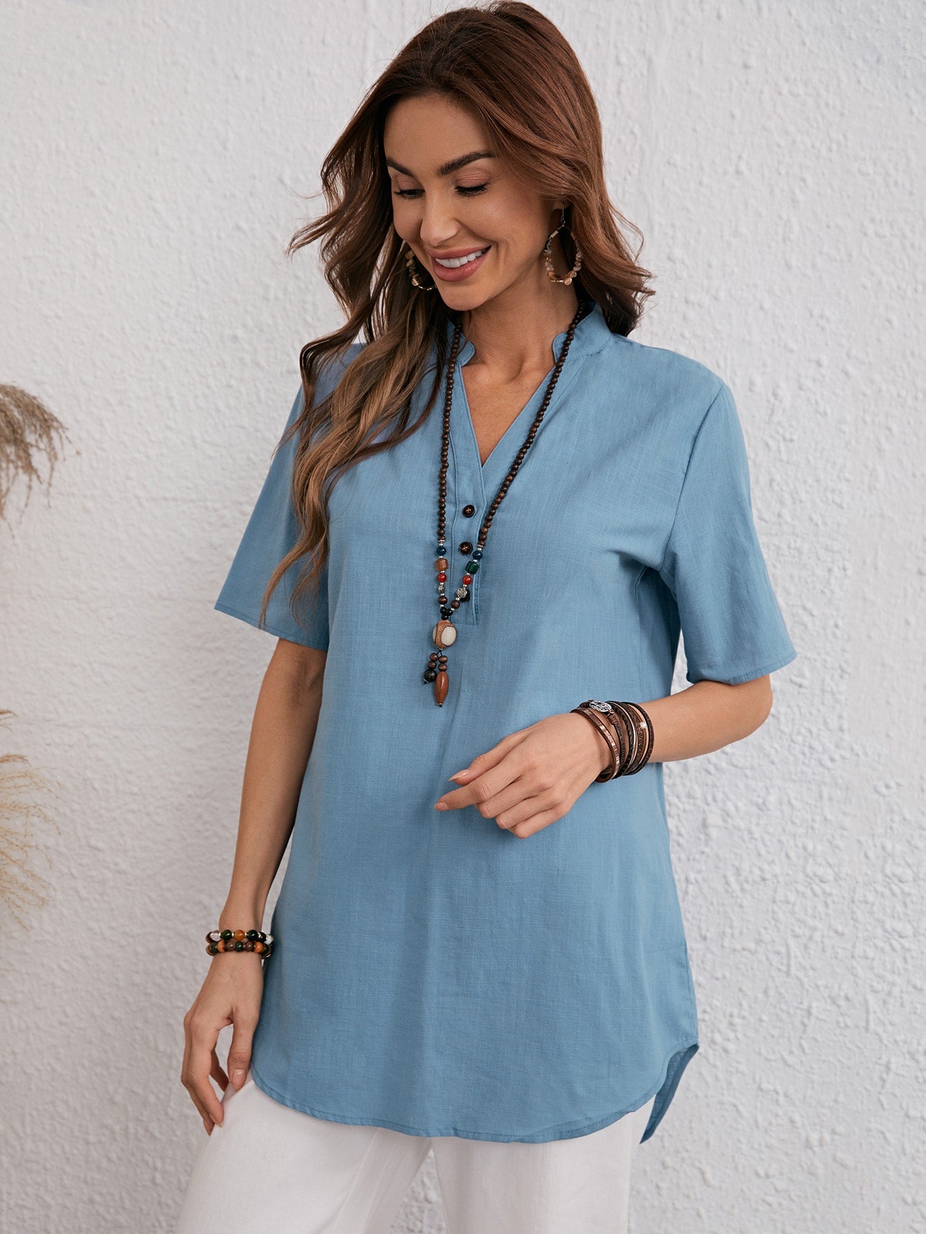 Notched Neck Solid Long Blouse