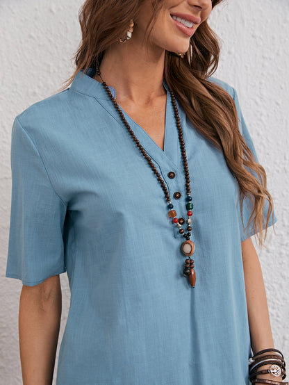 Notched Neck Solid Long Blouse