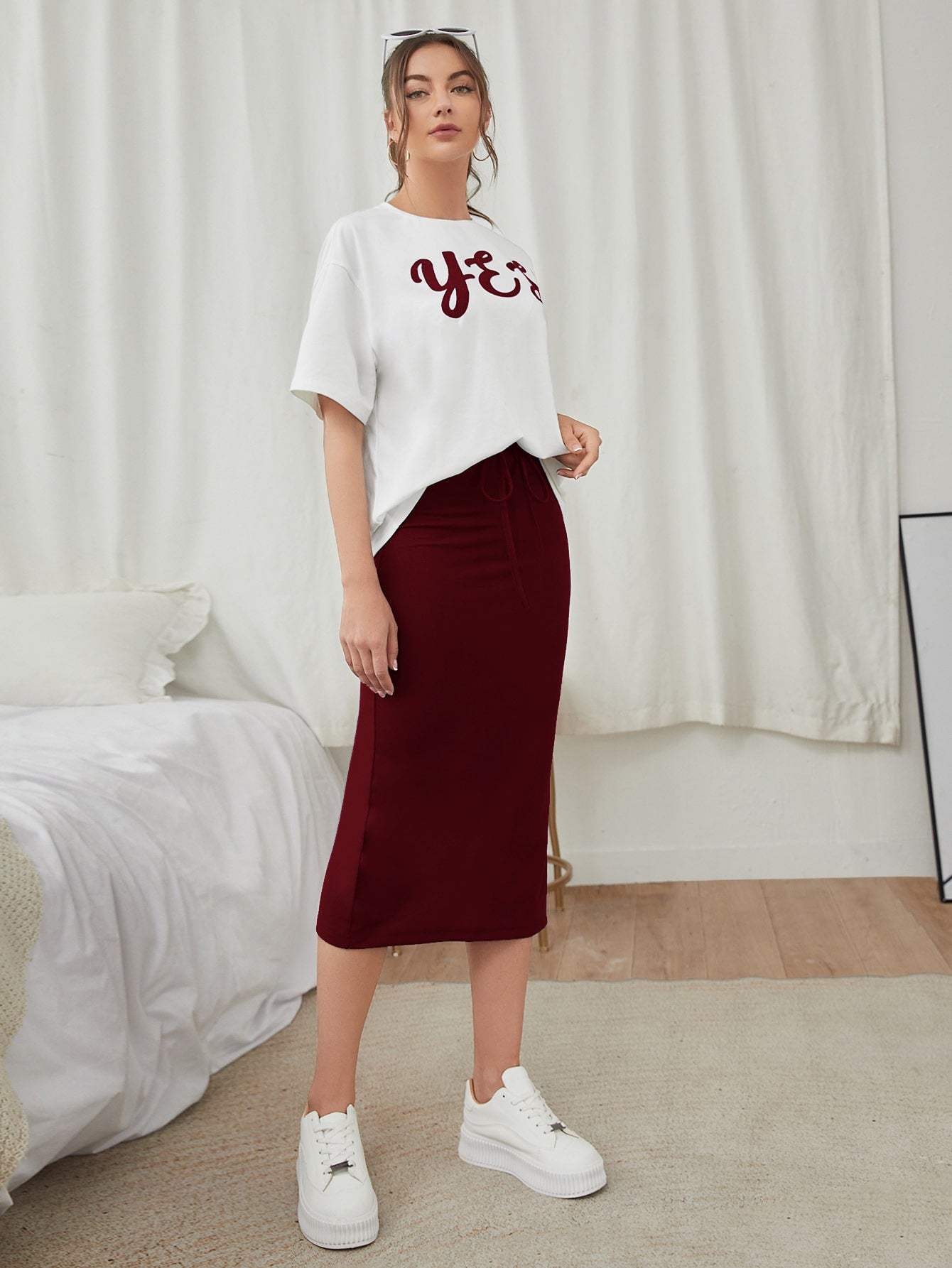 Letter Graphic Tee Split Hem Skirt