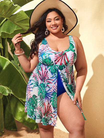 Plus Floral Contrast Mesh One Piece Swimsuit