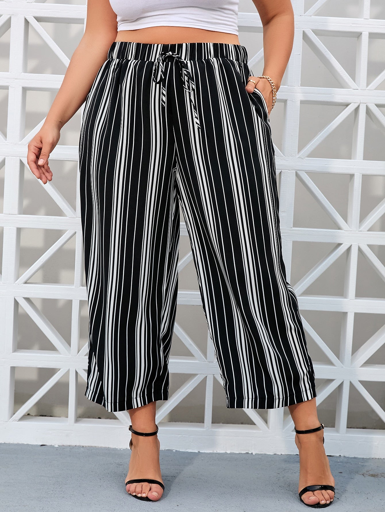 Plus Size Striped Wide Leg Pants with Slant Pockets and Tie Front Design