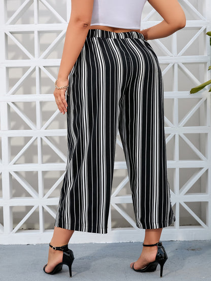 Plus Size Striped Wide Leg Pants with Slant Pockets and Tie Front Design