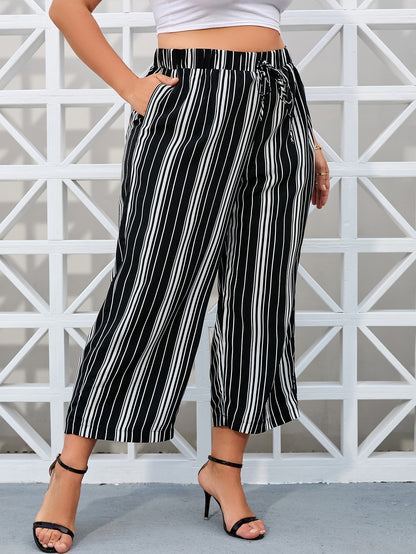 Plus Size Striped Wide Leg Pants with Slant Pockets and Tie Front Design