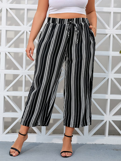 Plus Size Striped Wide Leg Pants with Slant Pockets and Tie Front Design