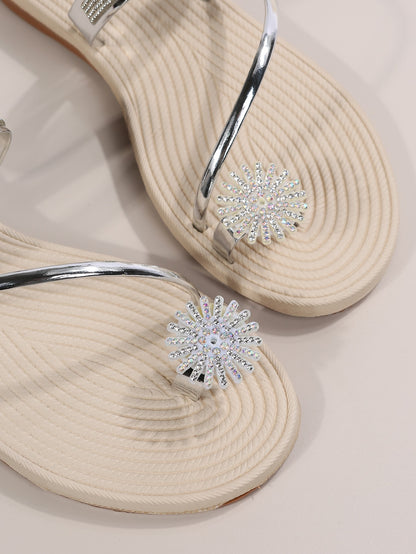 Rhinestone Decor Toe Ring Flat Glamorous Thong Sandals