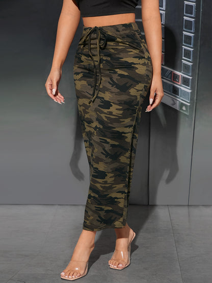 PETITE Camo Print Drawstring Waist Pencil Skirt