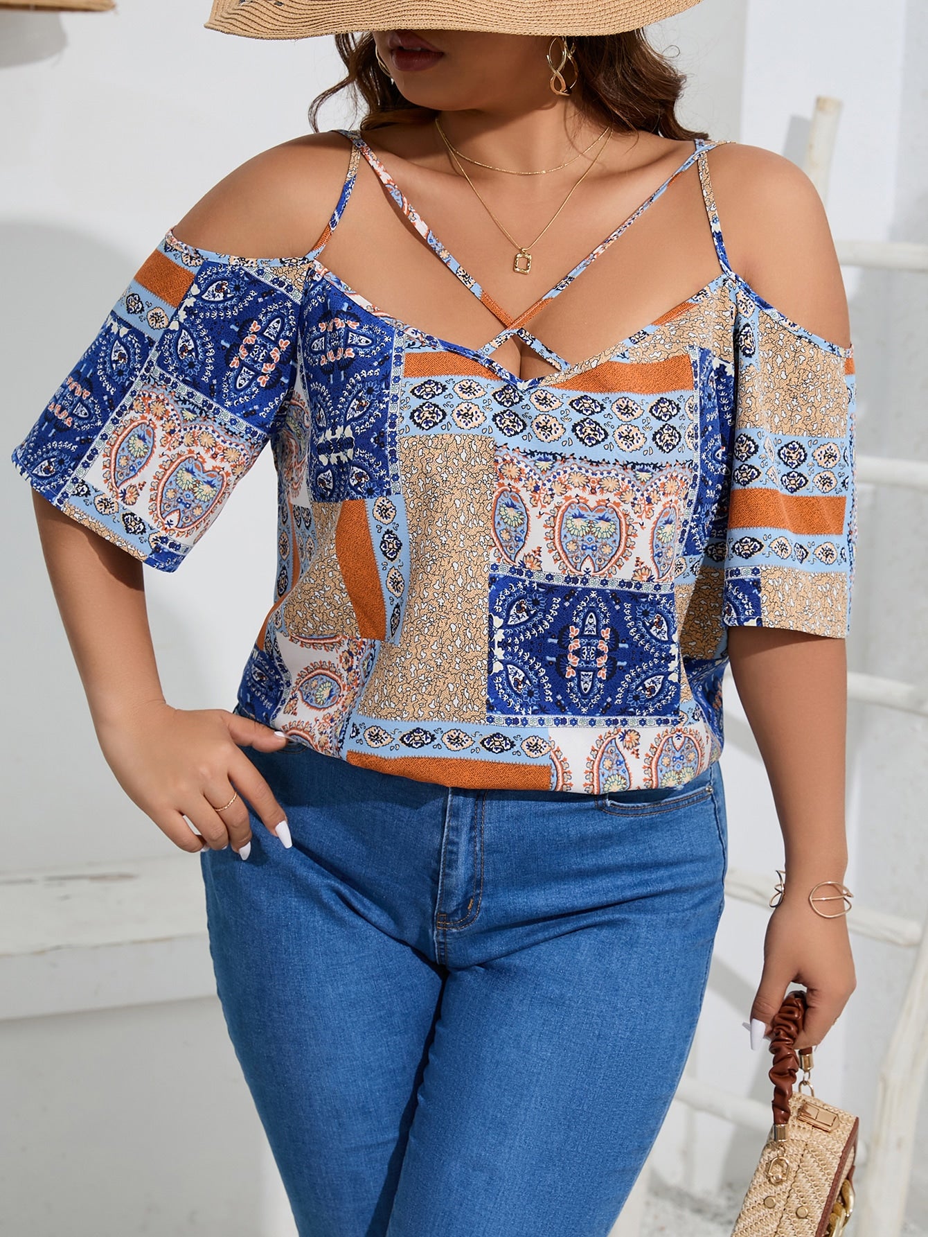 Plus Size Patchwork Print Cold Shoulder Blouse