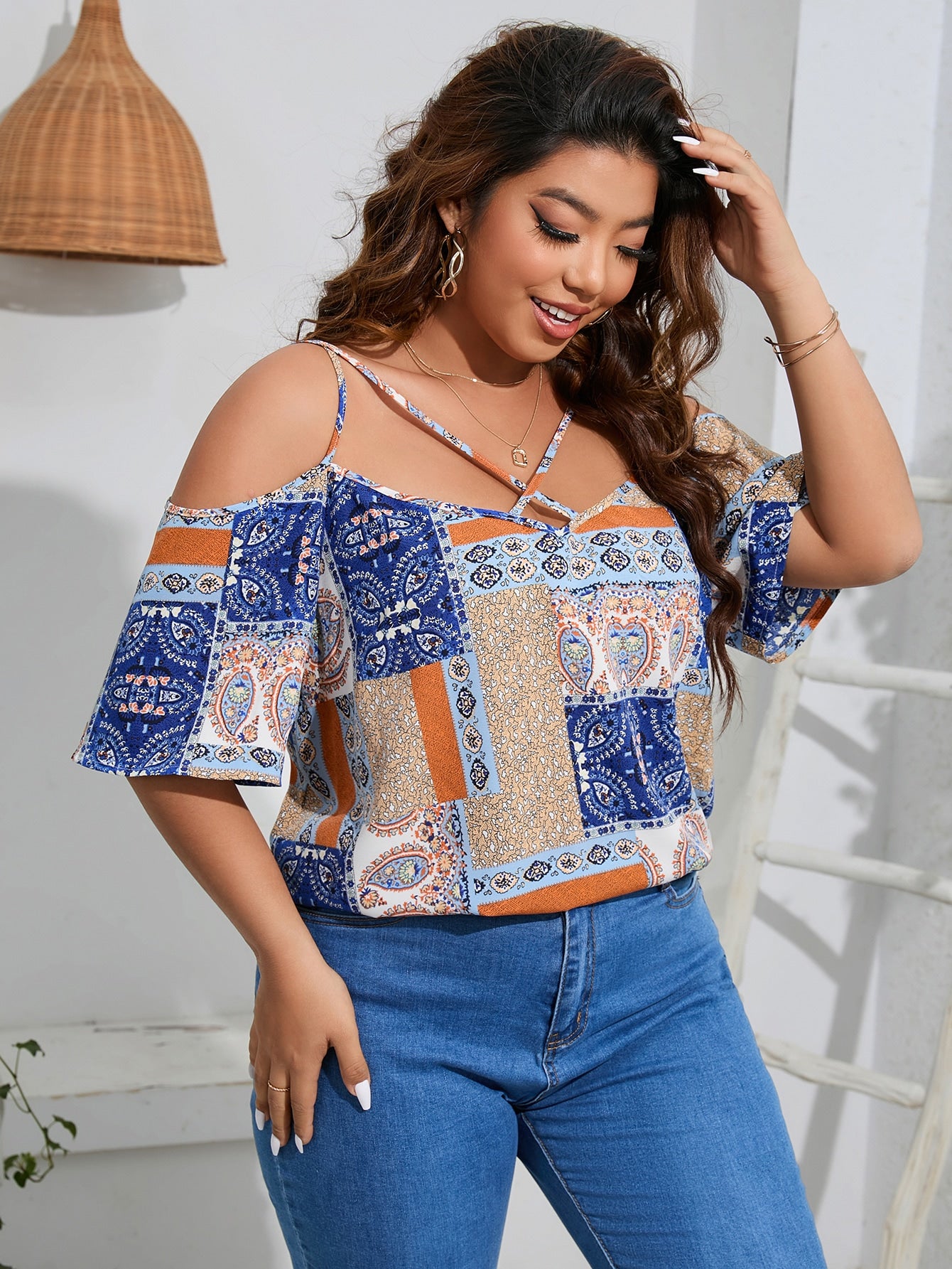 Plus Size Patchwork Print Cold Shoulder Blouse