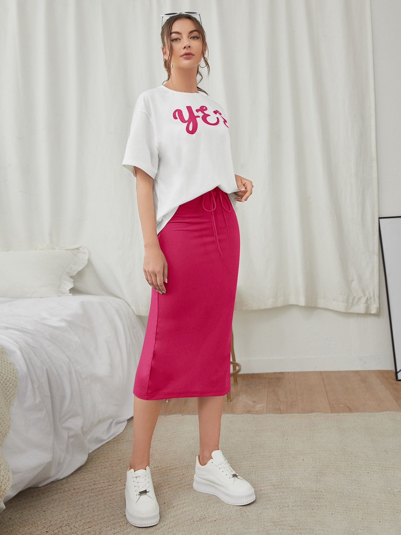 Letter Graphic Tee Split Hem Skirt