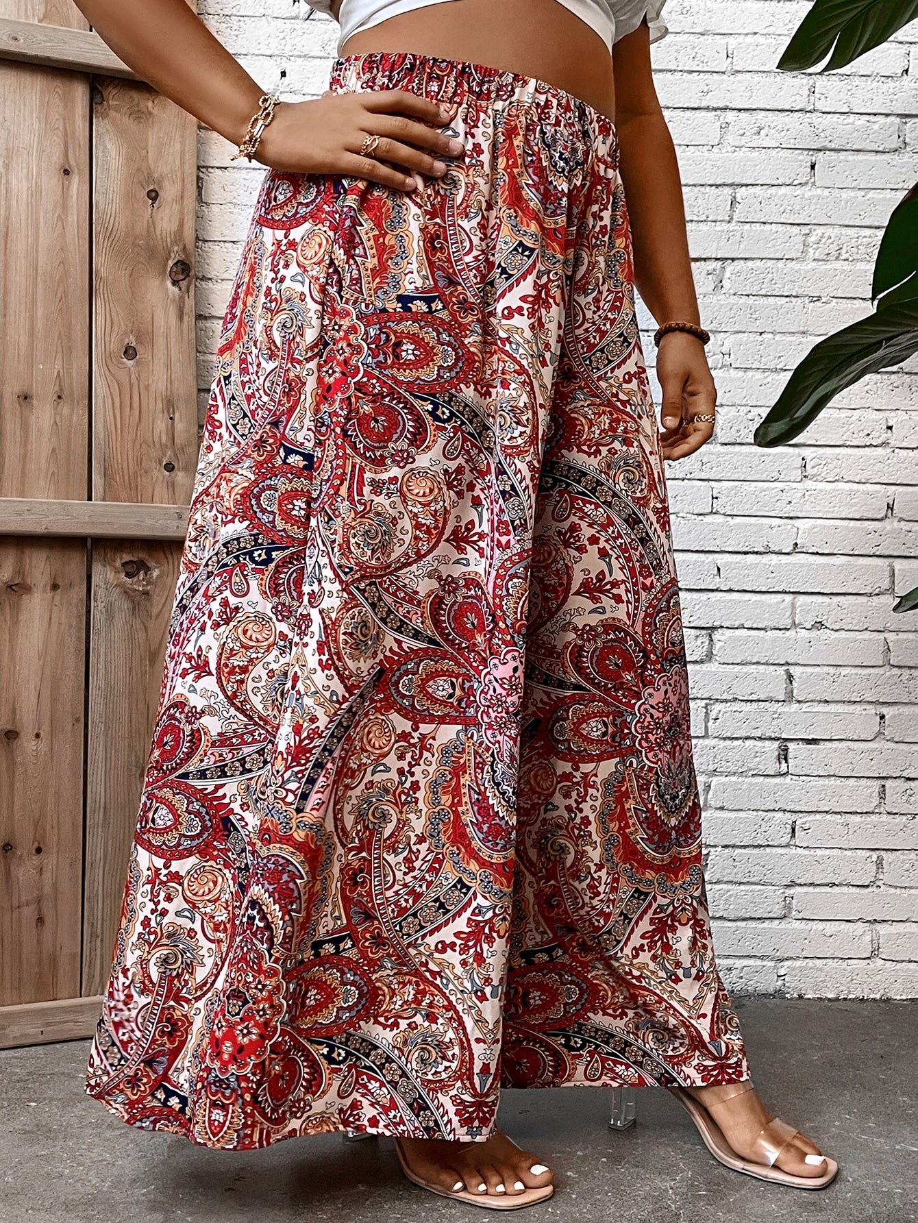 Plus Paisley Print Wide Leg Pants