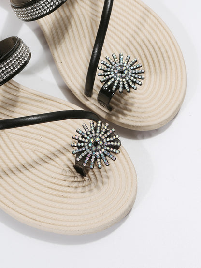 Rhinestone Decor Toe Ring Flat Glamorous Thong Sandals