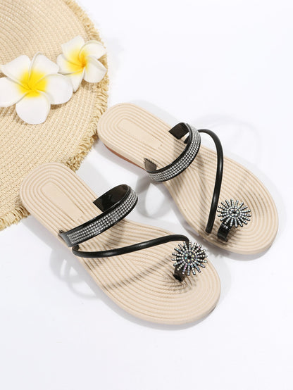 Rhinestone Decor Toe Ring Flat Glamorous Thong Sandals