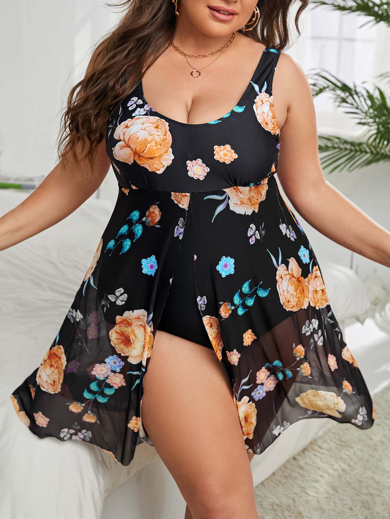 Plus Floral Contrast Mesh One Piece Swimsuit