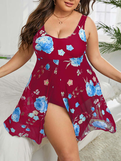 Plus Floral Contrast Mesh One Piece Swimsuit