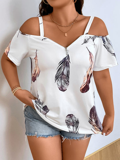 Plus Feather Print Cold Shoulder Tee