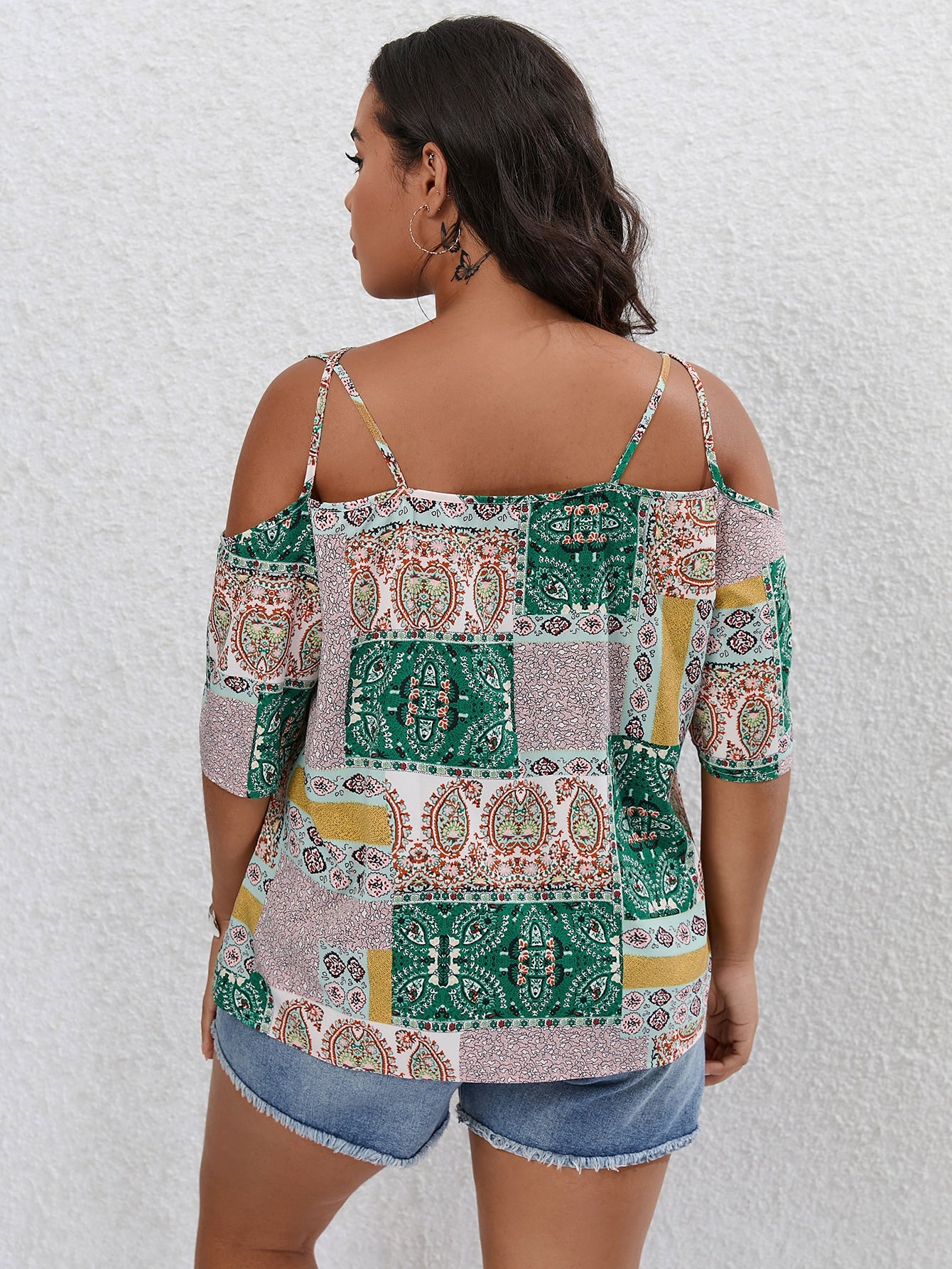 Plus Size Patchwork Print Cold Shoulder Blouse