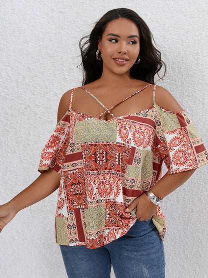 Plus Size Patchwork Print Cold Shoulder Blouse