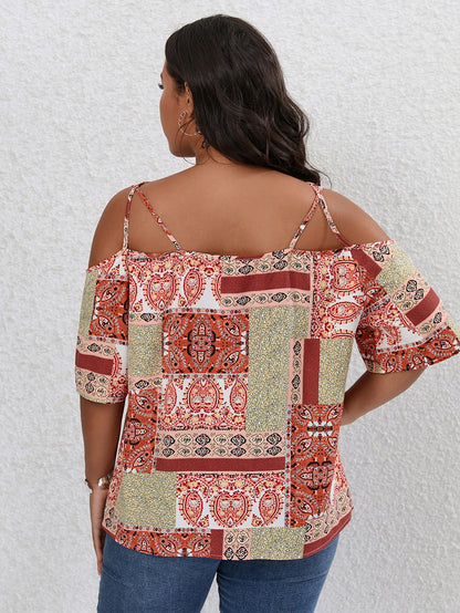 Plus Size Patchwork Print Cold Shoulder Blouse