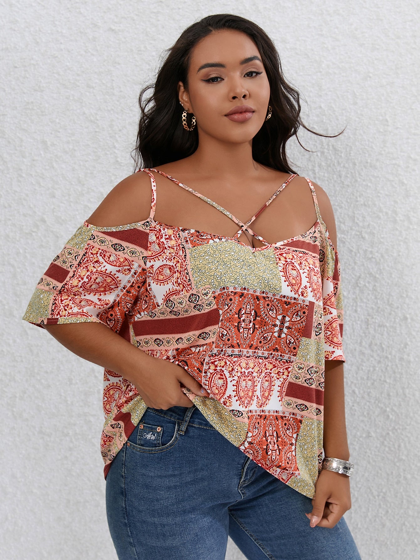 Plus Size Patchwork Print Cold Shoulder Blouse