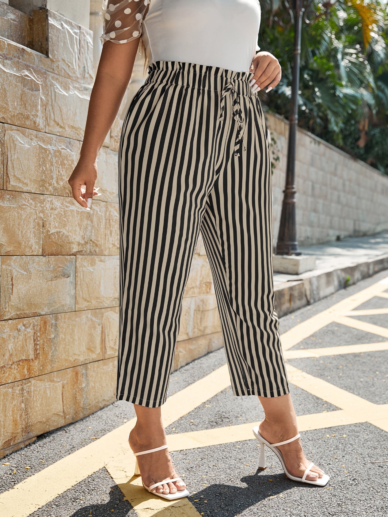 Plus Striped Print Tie Waist Pants