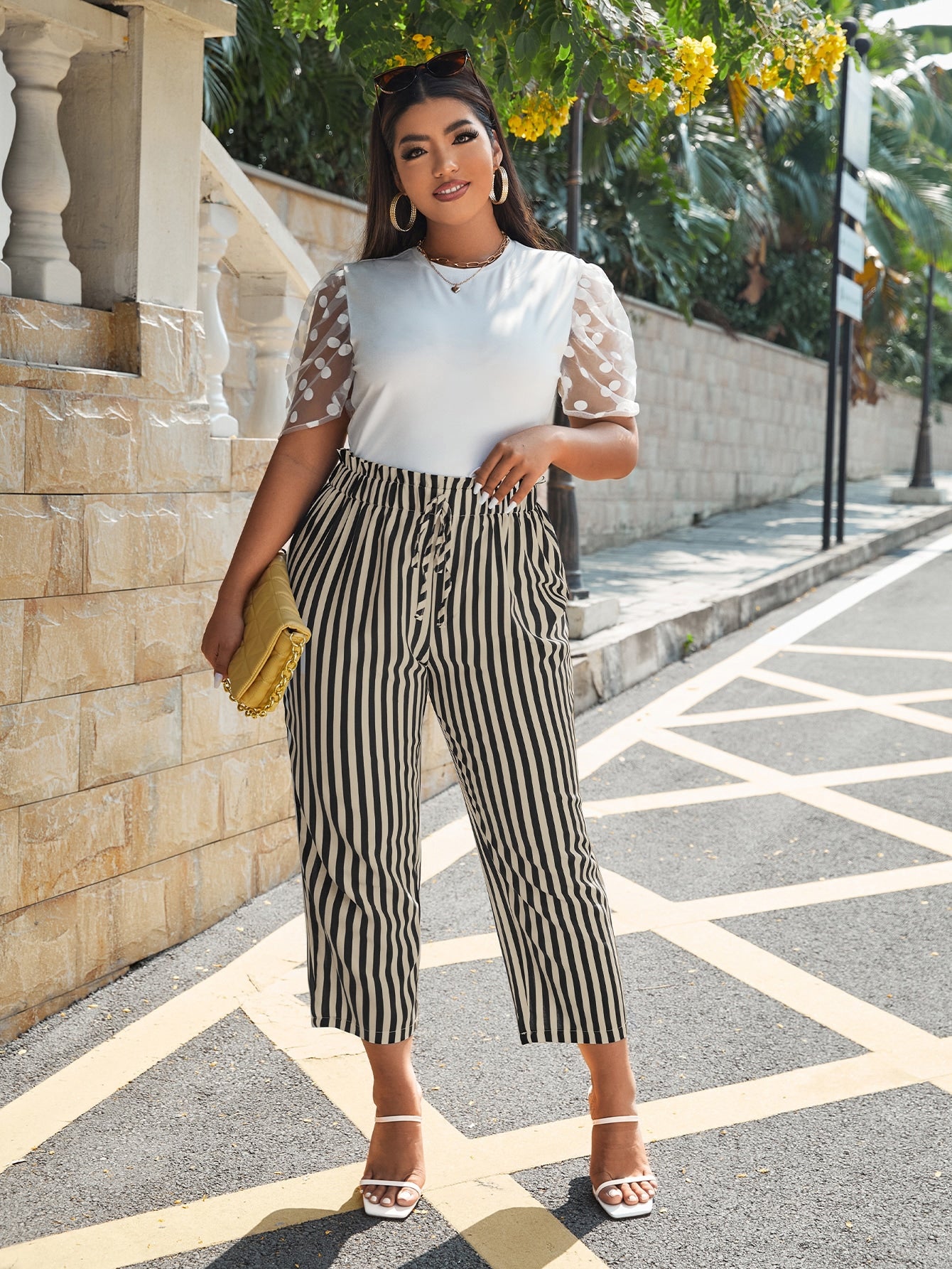 Plus Striped Print Tie Waist Pants