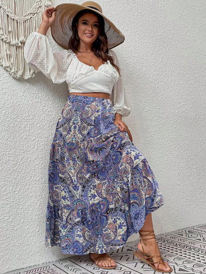 Plus Paisley Print Ruffle Hem Skirt