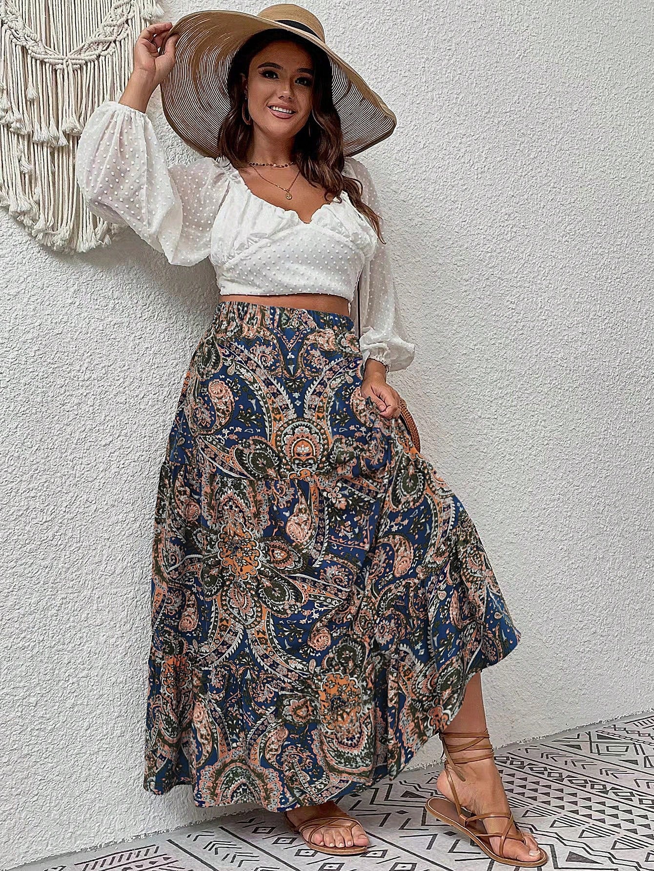 Plus Paisley Print Ruffle Hem Skirt