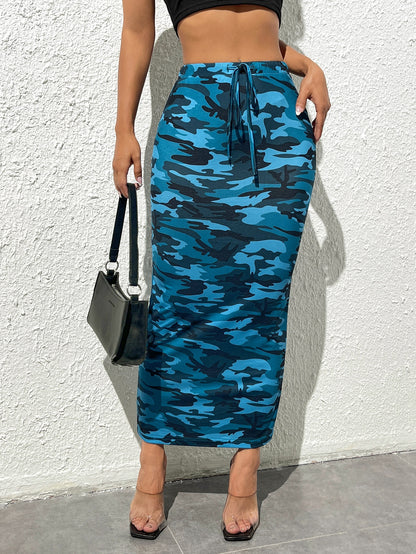 PETITE Camo Print Drawstring Waist Pencil Skirt