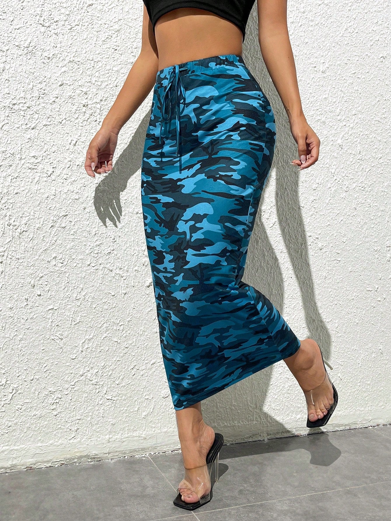 PETITE Camo Print Drawstring Waist Pencil Skirt