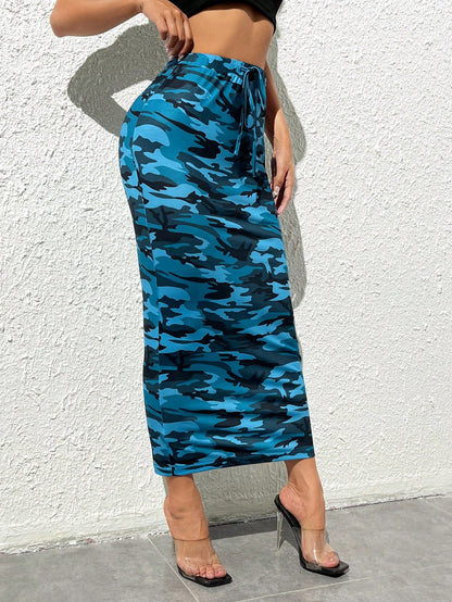 PETITE Camo Print Drawstring Waist Pencil Skirt