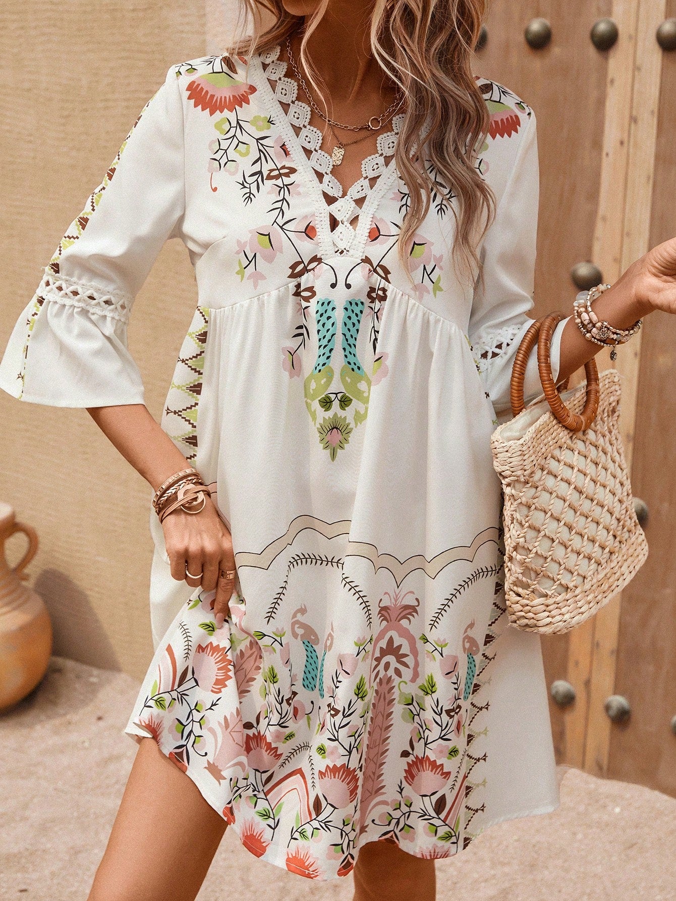 Floral Print V Neck Flounce Sleeve Smock Dress