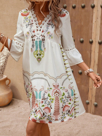 Floral Print V Neck Flounce Sleeve Smock Dress