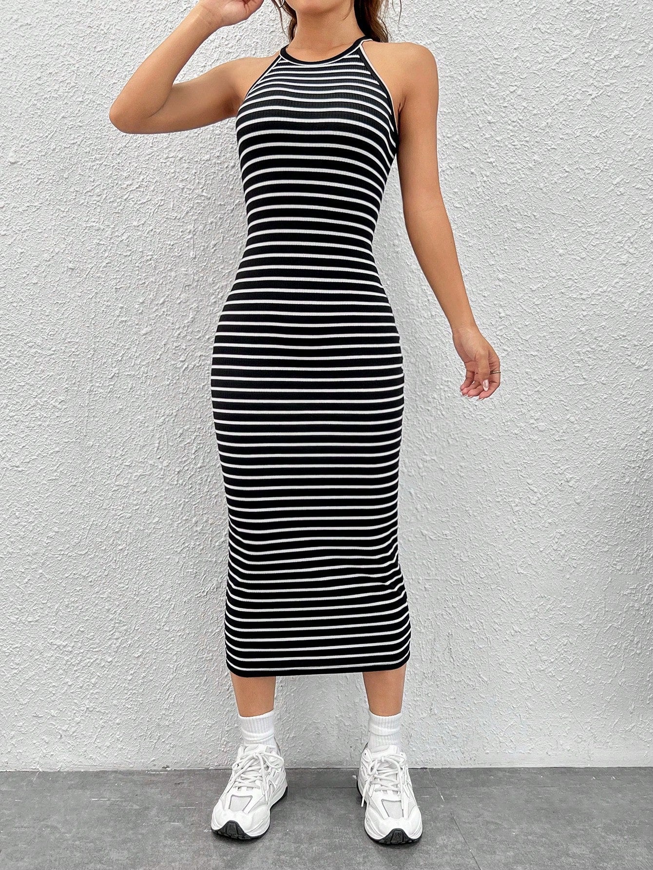 EZwear Striped Print Halter Dress