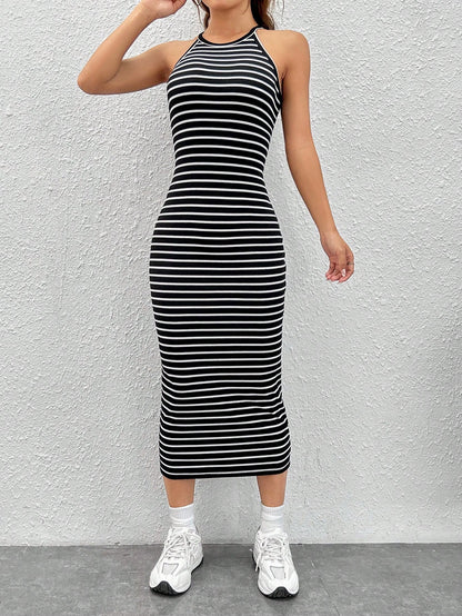 EZwear Striped Print Halter Dress