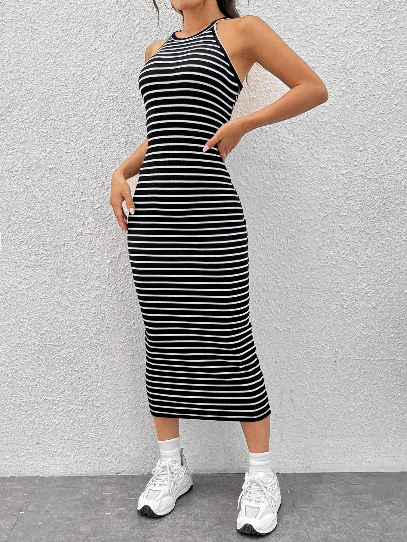 EZwear Striped Print Halter Dress