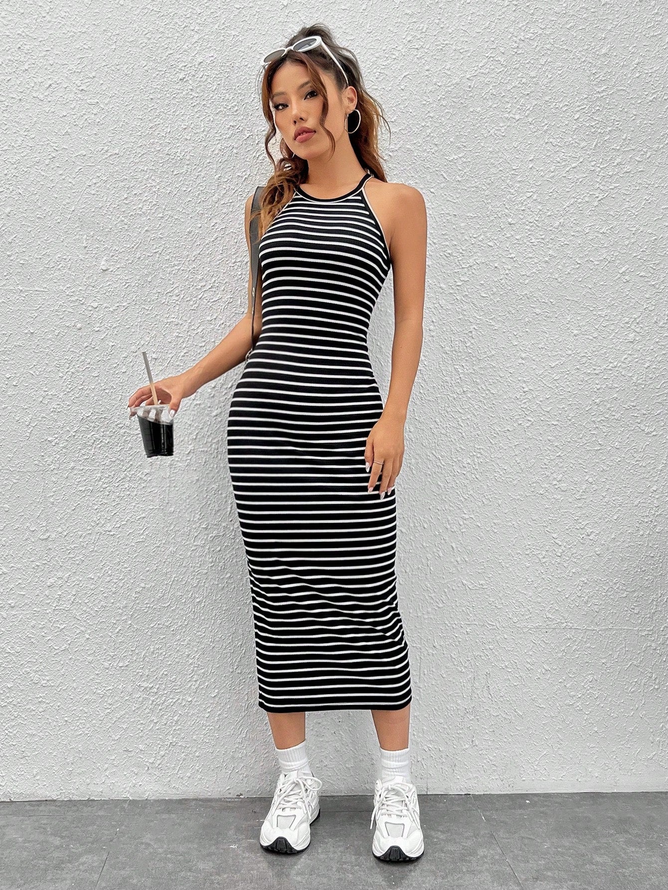 EZwear Striped Print Halter Dress