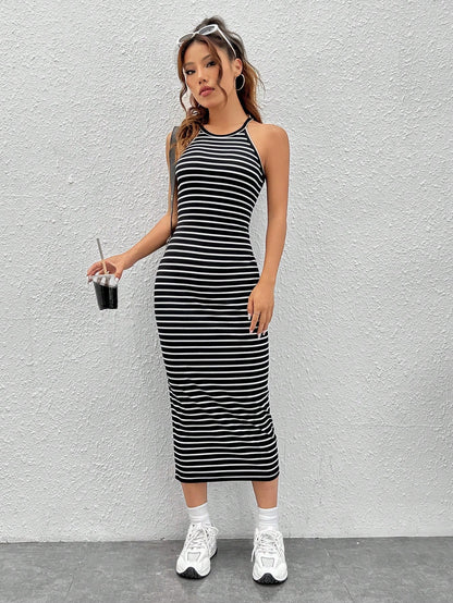 EZwear Striped Print Halter Dress