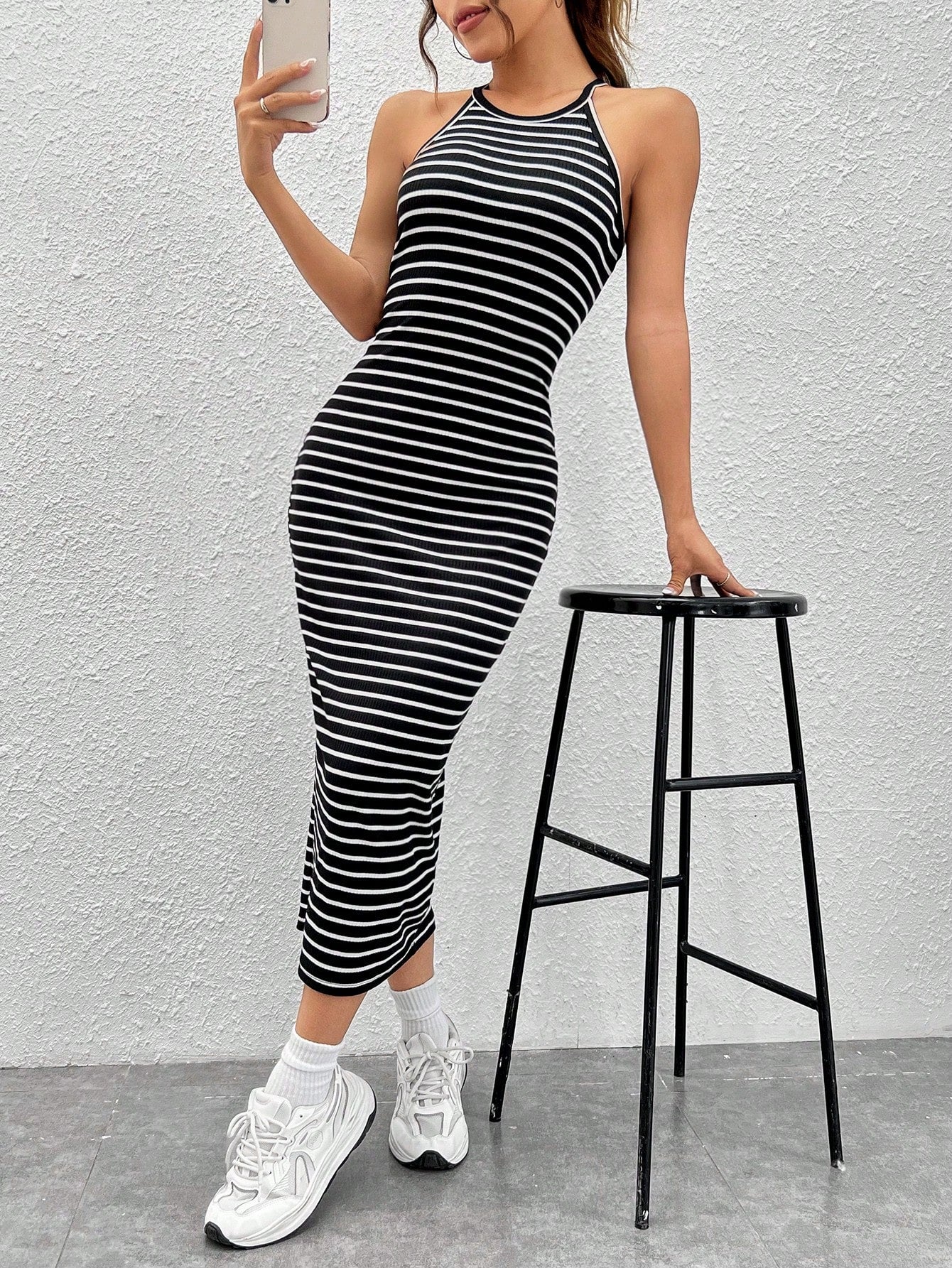 EZwear Striped Print Halter Dress