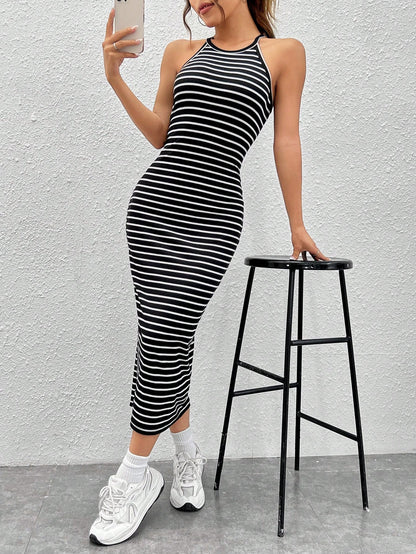 EZwear Striped Print Halter Dress