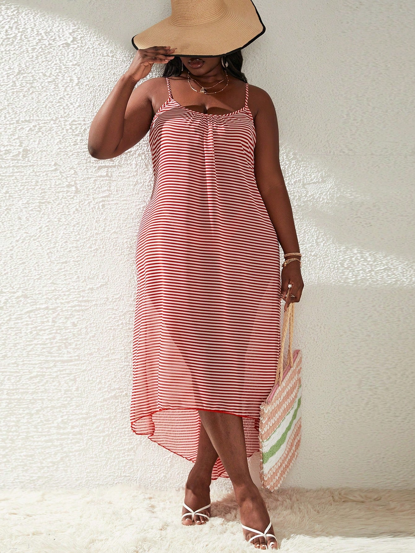 Plus Striped High Low Hem Cami Cover Up Dress