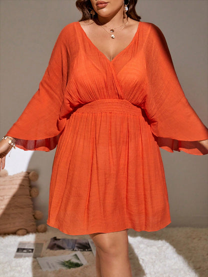 Plus Solid Batwing Sleeve Cover Up Dress