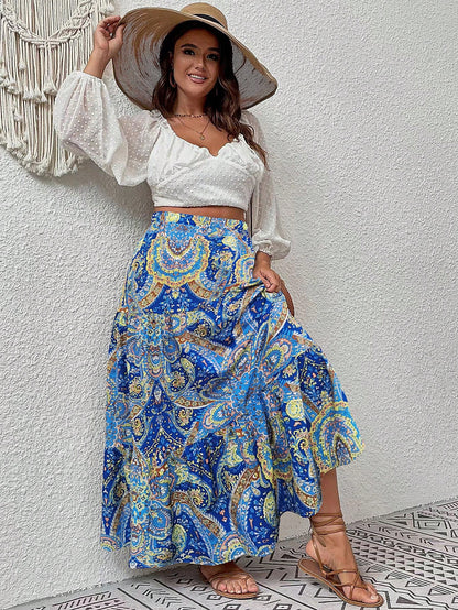 Plus Paisley Print Ruffle Hem Skirt