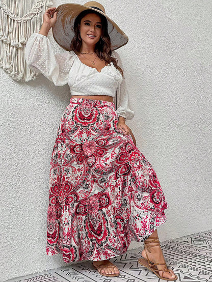 Plus Paisley Print Ruffle Hem Skirt