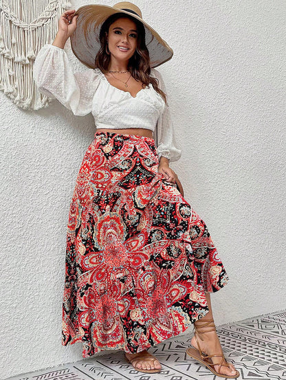 Plus Paisley Print Ruffle Hem Skirt