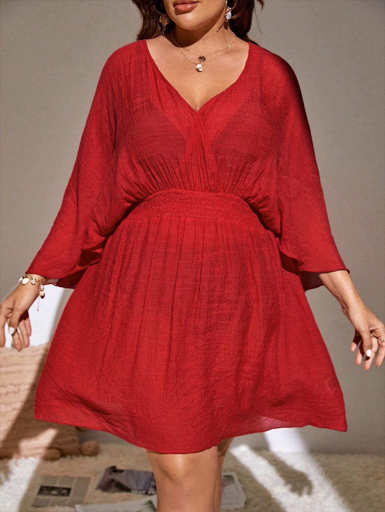 Plus Solid Batwing Sleeve Cover Up Dress