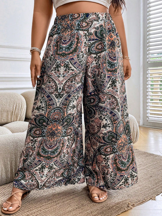 Plus Paisley Print Wide Leg Pants