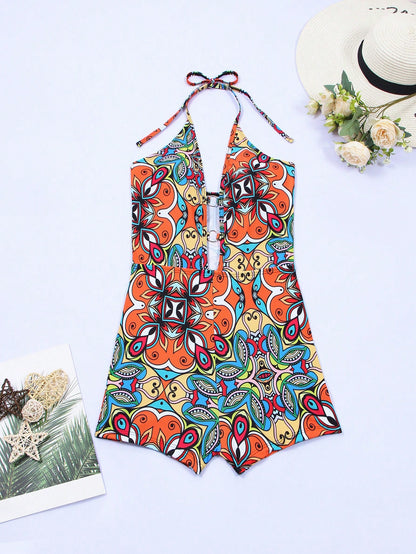 Floral Paradise: Allover Print Halter One-Piece Swimsuit