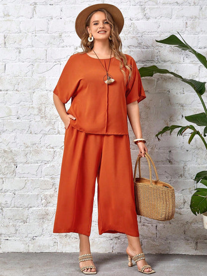 Plus Size Batwing Sleeve Top and Pants Set