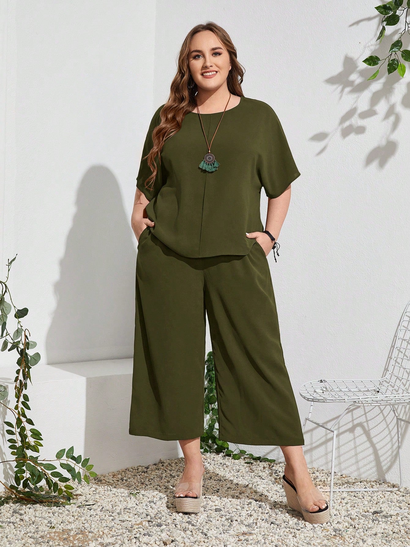 Plus Size Batwing Sleeve Top and Pants Set